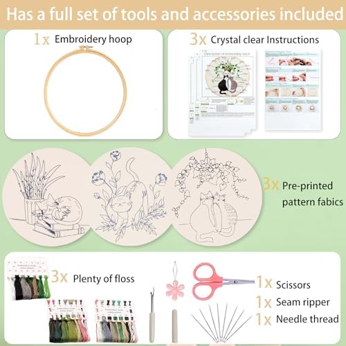 Ohcol 3 Sets Cat Embroidery Kit,Needlepoint Kits for Adults Beginner,Needle Point Sets with Washable Pre-Printed Pattern,1 Hoop,Women Hand Crafts - Image 7