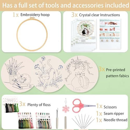 Ohcol 3 Sets Cat Embroidery Kit,Needlepoint Kits for Adults Beginner,Needle Point Sets with Washable Pre-Printed Pattern,1 Hoop,Women Hand Crafts - Image 7
