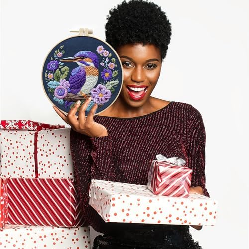 FONNUY Embroidery Kit for Beginners, Birds with Flowers Pre-Stamped Pattern Kits for Adults with Hoop, Easy to Follow Color Thread Needlework, 8'' Hoop (Purple 2) - Image 2