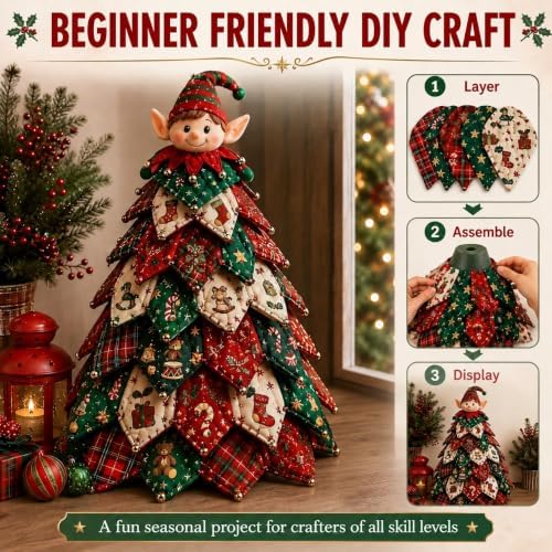 DIY Halloween Christmas Quilted Fabric Tree Kit, 3D Padded Patchwork Sewing Craft Kit for Beginners, Home Office Mantel Shelf Tabletop Decor, Handmade Holiday Gift for Craft Lovers (Christmas #E) - Image 5