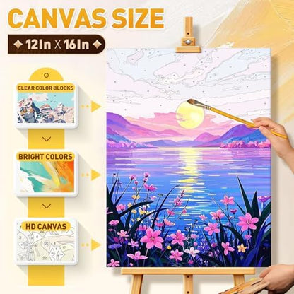 Qaisxoty Paint by Numbers Kits for Adults, 2 Pack Rolled Canvsa Lake Landscape Paint by Numbers KIt for Beginners, DIY Acrylic Painting by Number Kit for Great Gift Home Decor - 12” x 16” - Image 5