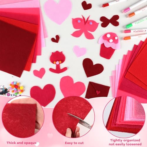 gisgfim 42Pcs Valentine's Day Pink Felt Fabric Sheets Craft Kit 8 x 12 Inch Assorted Soft Red Pink Felt Pack with Wiggle Eye Stickers Pom Poms Glitter Craft Supply for DIY Sewing Creative Art Project - Image 3
