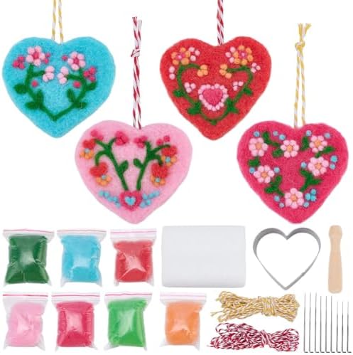 ORIGACH 5 Set Floral Heart Needle Felting Kit for Beginners DIY Wool Felted Heart Shape Ornaments Craft Kit for Adults with Instruction, Felting Foam Mat, DIY Needle Felting Supply by ORIGACH
