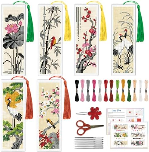 ACRNIGHEET 6PCS Cross Stitch Bookmark Kit for Beginner Chinese-Style Stamped Cross Stitch Kits Needlepoint Kit for Adults DIY Tassel Embroidery Bookmark Kits with Instructions Craft Gift 8.5"x3" 11CT by ACRNIGHEET