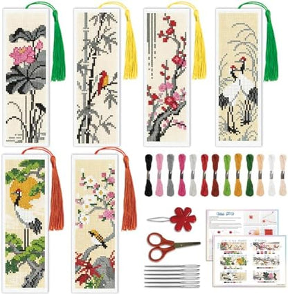 ACRNIGHEET 6PCS Cross Stitch Bookmark Kit for Beginner Chinese-Style Stamped Cross Stitch Kits Needlepoint Kit for Adults DIY Tassel Embroidery Bookmark Kits with Instructions Craft Gift 8.5"x3" 11CT by ACRNIGHEET