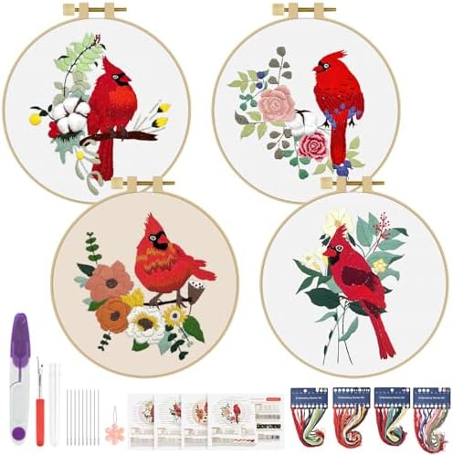 ERKOON 4 Sets Embroidery Kit, Animal Cross Stitch Set for Include Embroidery Cloth Hoops Threads for Craft Lover Hand Stitch (Cardinal) by ERKOON