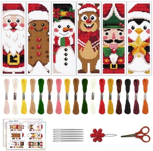 ACRNIGHEET 6PCS Christmas Cross Stitch Bookmark Kit for Beginner Stamped Cross Stitch Kits for Adults DIY Embroidery Bookmark Kits with English Instructions Hand Craft Gift 8.5''x3'' 11CT by ACRNIGHEET