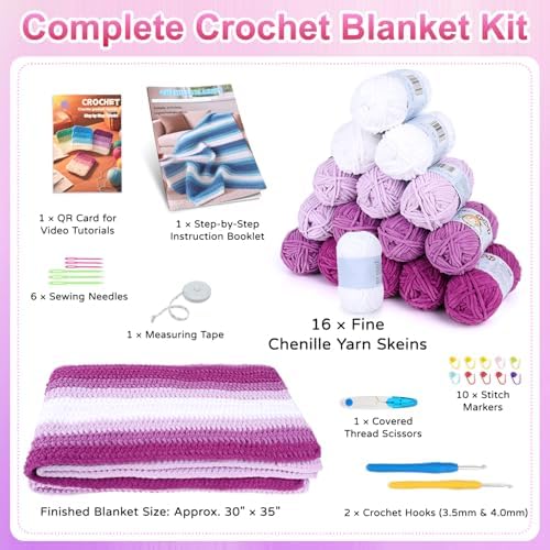 Reessy Crochet Blanket Kit for Adult Beginners, Purple Ombre Chenille Yarn - Image 3