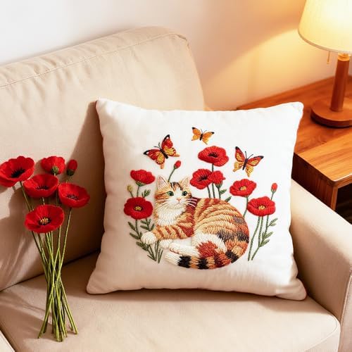 BEUNITONE 4 Set Embroidery Kit for Beginners, Cat and Butterfly Pre-Stamped Pattern Needlepoint Kits for Adults with Hoop and Instruction, Cute Hand Embroidery Patterns for Cloth and Home Decor - Image 7
