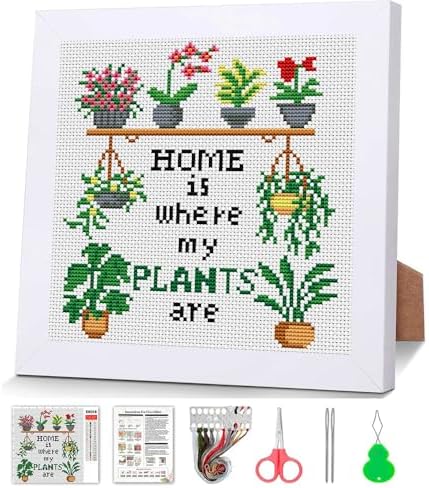 Plant Flower Stamped Cross Stitch Kits for Adult Beginner with Wooden Frame by DIYHomeDecor