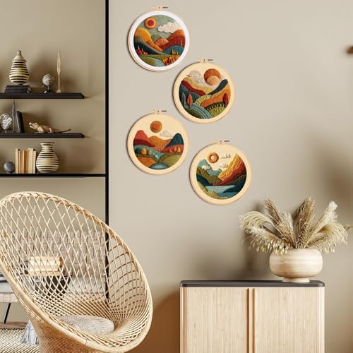 FONNUY Embroidery Kit for Beginners, Textured Vibrant Nature Landscape Pre-Stamped Pattern Kits for Adults with Hoop, Easy to Follow Color Thread Needlework, 8'' Hoop (Red 2) - Image 6