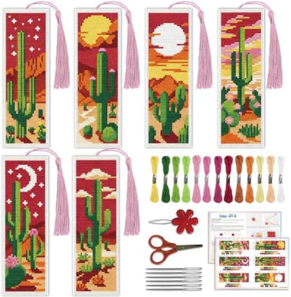ACRNIGHEET 6PCS Cross Stitch Bookmark Kit for Beginner Stamped Cross Stitch Kits for Adults Cactus DIY Tassel Embroidery Bookmark Kits Needlepoint Kit with Instructions Craft Gift 8.5''x3'' 11CT by ACRNIGHEET