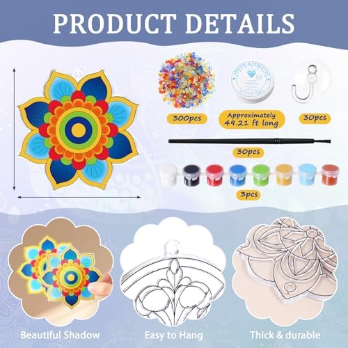Dunzoom 30 Set Mandala Suncatchers Kits Mandala Flower DIY Suncatchers Craft Kits Make Your Own Paint Ornaments for Art Craft Summer Sun Catchers Party Supplies - Image 2