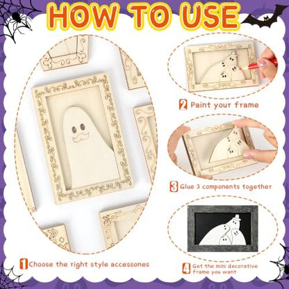 12 Pcs Halloween Crafts Wooden Ghost DIY Frames Decorating Unfinished Wood Painting Ghost Craft Ornaments Fall Halloween Arts and Crafts Kits for Adults Kids Haunted House Activities Party Supplies - Image 3
