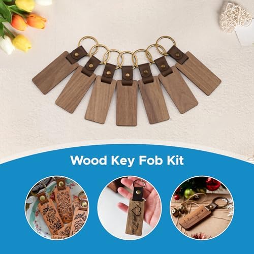 OMTech Wooden Keychain Blanks, Wood Key Chain Bulk, Unfinished Wooden Key Rings Key Tags for Laser Engraving DIY Craft Gift - Image 3