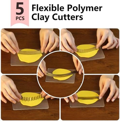 Polymer Clay Cutters - Premium Stainless Steel Clay Cutting Tools Set with 2 Straight Tissue Blades for Polymer Clay, 3 Curved Wave Blades, Professional Clay Slicing Tool Kit -Protect Fingers - Image 5