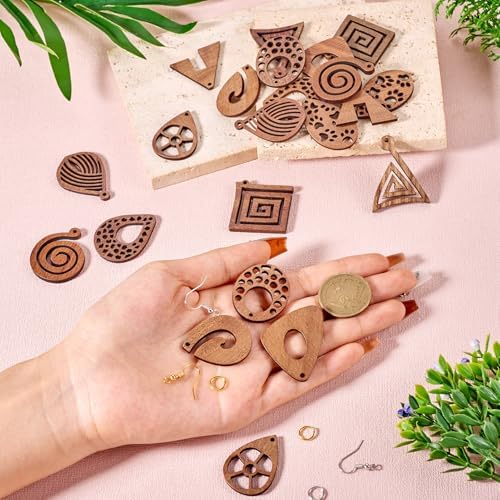 11 Pairs Wooden Dangle Earring Set Wooden Dangle Charms Teardrop Oval Rhombus Triangle Wood Earring Blanks with Hooks Unfinished Wood Pendants for Bohemian Jewelry - Image 6