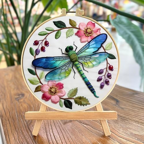 FRANDEK DIY Flower Dragonfly Stamped Embroidery Kit with Hoop for Adults - Image 2