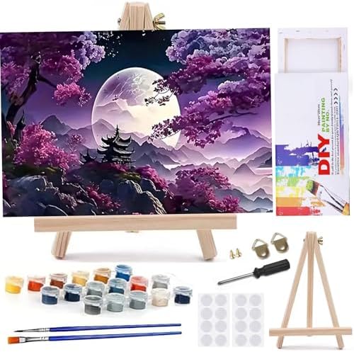 MaiMMaledy Paint by Numbers Kit 12Lx8W inch for Adults Beginners Canvas Pictures with Framed Drawing Painting Acrylic Pigment with Wooden Triangle Easel Moon by MaiMMaledy