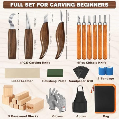 39 Pcs DIY Wood Carving Kit, 9 Basswood Blocks Carving Knives Storage Bag - Image 3