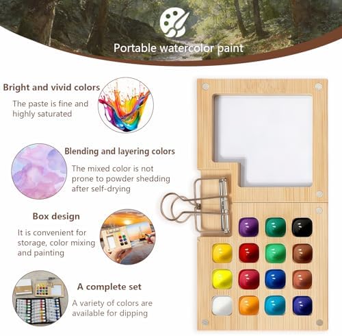 Mini Watercolor Paint Set Bamboo Travel Kit with Watercolor Palette Paintbrush Storage Bag and Water Storage Bottle Ready to Use Watercolor Sets for Artists and Beginners（15 Squares） - Image 3