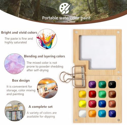 Mini Watercolor Paint Set Bamboo Travel Kit with Watercolor Palette Paintbrush Storage Bag and Water Storage Bottle Ready to Use Watercolor Sets for Artists and Beginners（15 Squares） - Image 3