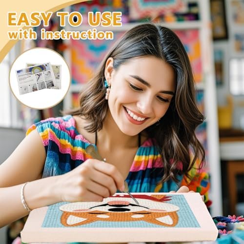 Doodlream Happy Shiba Inu Needle Kit for Beginner, 9.4"x 9.4" Cute Dog Punch Stitching Craft Set, DIY Embroidery Starter with Printed Frame, Instruction, Threader, Yarn, Pinch Needle - Image 3