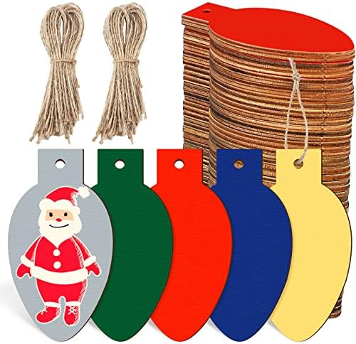 Queekay 50 Pcs Unfinished Wood Christmas Light Bulb Ornaments, Multi Colors by Queekay