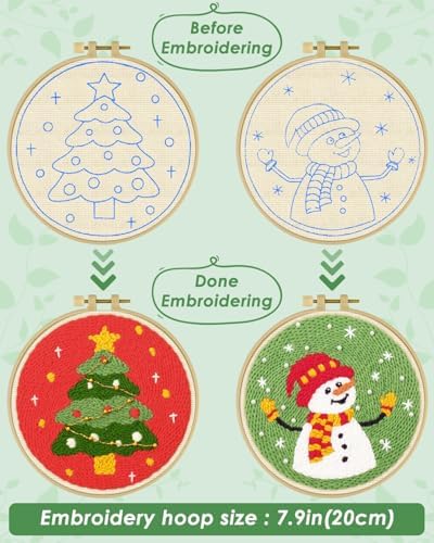 ERKOON Christmas Punch Needle Kit Adults Beginners, 2 Pcs DIY Easy Embroidery Set for Starter Art Craft, Needling Punch Project with Patterns, Tools, Yarns, Hoop, Instruction (ChristmasTree & Snowman) - Image 3