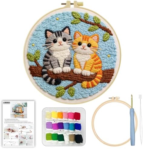 JOZYSH Punch Needle Embroidery Starter Kits for Beginners Cute Snow-White cat Curled up Comfortably on a Branch Adorned Hoops,Color Threads,Instructions and Needles,DIY Adults Embroidery (Cat) - Image 2