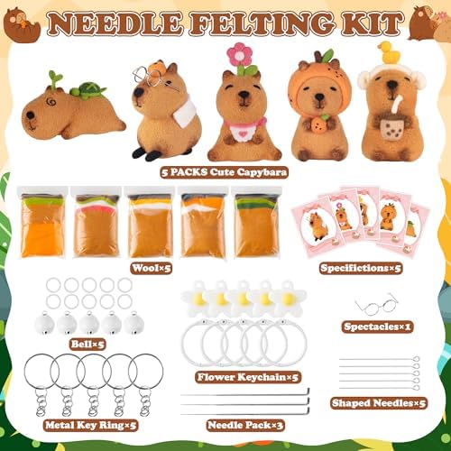 Capybara Needle Felting Kit - 5 Set Cute Animal DIY Doll Wool Craft Set with Felt Tool Instruction Foam Mat, DIY Needlework Keychain Craft for Adults Beginners Christmas Birthday Gift (Style 3) - Image 2