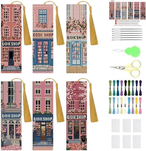 KYOQFVN 6 Pack Book Store Cross Stitch Bookmark, Cross Stitch Bookmarks Kit for Beginners Adults, 14CT Embroidery Bookmark Kit for Book Lovers Starter Craft 6 x 20cm by KYOQFVN