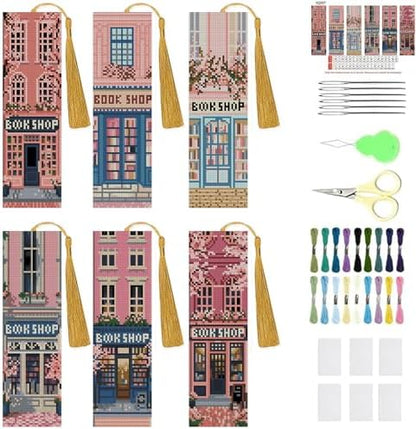 KYOQFVN 6 Pack Book Store Cross Stitch Bookmark, Cross Stitch Bookmarks Kit for Beginners Adults, 14CT Embroidery Bookmark Kit for Book Lovers Starter Craft 6 x 20cm by KYOQFVN
