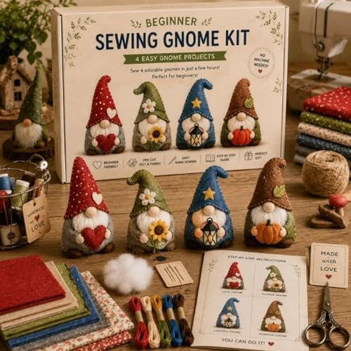 Sewing Kit for Beginners, DIY Felt Sewing Craft Kit with Pre-Cut Fabric & Instructions, Handmade Plush Animal Craft Set for Adults & Teens (gnome) - Image 3