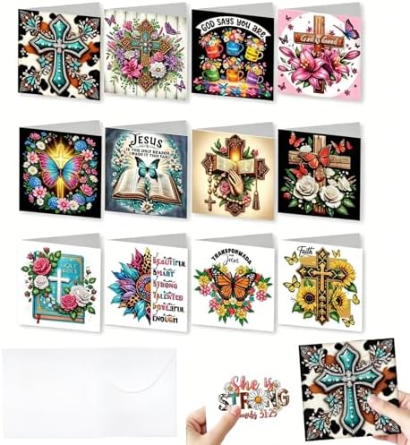 Zyvoreva 12 PCS Cross Diamond Painting Greeting Cards with Envelopes, Religious Diamond Art Kits for Adults, 5D DIY Bible Butterfly Art Crosses Cards for Birthday Baptism Sympathy Gifts (Cross) by ThanksforlovingZyvoreva