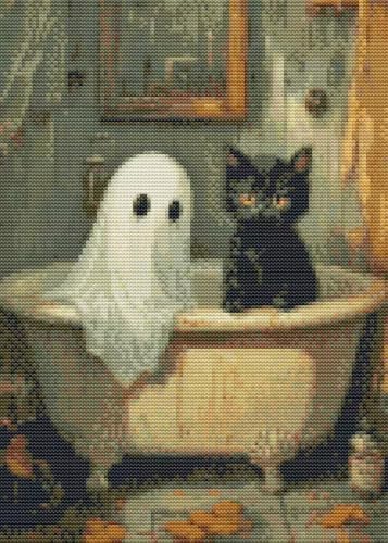 Eiazuiks Halloween Stamping Cross Stitch Kit, Ghosts and Cat Halloween Counting Cross Stitch Kit for Adult Beginners, Full Line DIY Stitching Kit for Home Decor Cross Stitch Patterns 12x16 inches by Eiazuiks