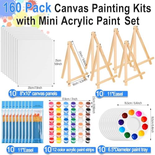 shynek 150pcs Painting Supplies Kit for Adults, 8 * 10In Canvas Boards with Easel Stand, 12 Colors Acrylic Paint Set, Artist Paint Brushes Set, Paint Trays, Sip and Paint Kit - Image 2