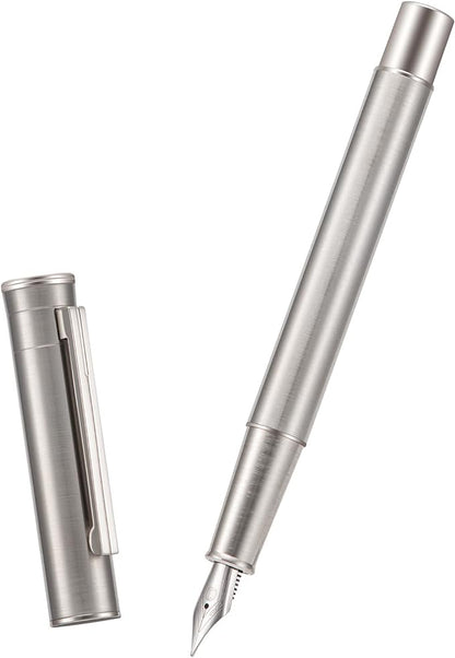 Hongdian 1861 Stainless Steel Fountain Pen Medium Nib, Classic Design Smooth Writing Pen with Converter and Metal Pen Case Set