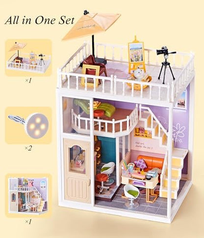 2-Story Loft Beauty Salon Kit, LED Light DIY Miniature House for Adults with Makeup Table Nail Station SPA Chair Balcony, Collectible Plastic Beauty Studio Model, Home Decor Gift for Women - Image 4