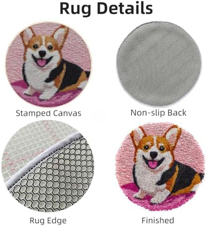 Latch Hook Rug Kit Cute Corgi Dog Easy for Beginners Round Shape Carpet Crochet Yarn Craft Mini Rug DIY Hook and Latch Little Tapestry for Home Decor 30x30cm-4 - Image 3