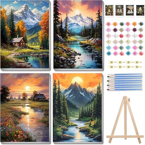 4 pack Mountain Paint by Numbers Kit for Adults Beginner With Framed,Countryside Easy Adult Paint by Number Kits on Canvas DIY Painting for Beginners Art by Numbers for Home Wall Decor 10x12 Inch by NEGEKFKX