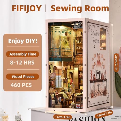 fifijoy Sewing Room Book Nook Kit - DIY Miniature Dollhouse for Adults and Teens, Booknook Tiny House Bookshelf Decor 3D Wooden Puzzle with LED Light, Gift for Family and Friends - Image 5