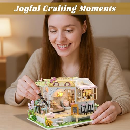 Flever Dollhouse Miniature DIY House Kit Creative Room with Furniture for Romantic Valentine's Gift (Cat Cafe Garden) - Image 4