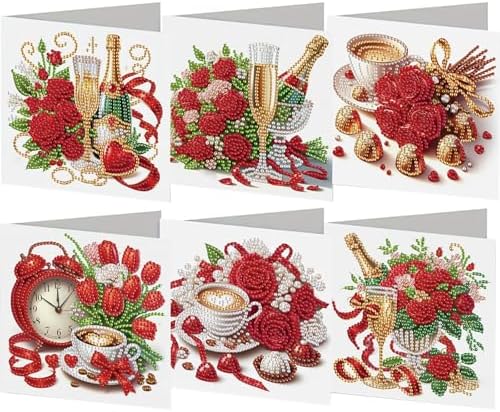 jinglinhh 6pcs Valentine's Day Rose Flower Champagne Tulip Coffee Diamond Art Painting Greeting Cards with Envelopes, DIY Card Making Kits for Adults, Diamond Art Postcards Holiday Cards Craft Gifts by Unknown