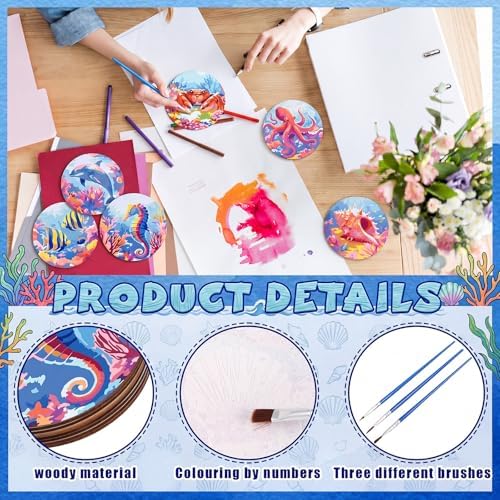 Reallnaive 8 Pcs Ocean Paint by Numbers Kit for Adults Wood Coastal Coaster - Image 4