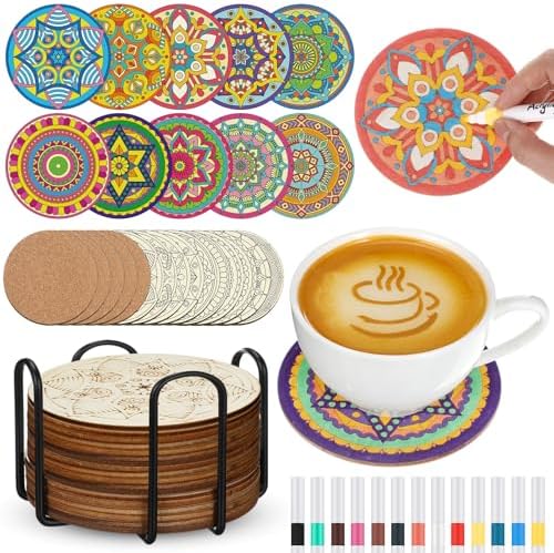 Reallnaive 45 Pcs Wooden Coaster Painting Kit, 10 Mandala DIY Markers by Reallnaive