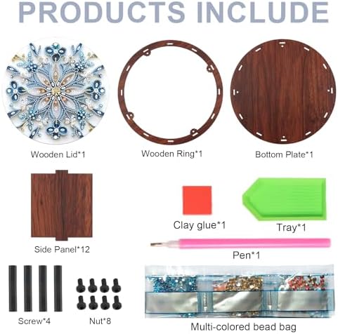 antor Mandala Snowflake Diamond Art Storage Box, Round Wooden DIY 5D Crystal Diamond Painting Desktop Ornament Organizer, Handmade Jewelry or Money Storage Box, Home Office Decor Crafts Gifts - Image 3