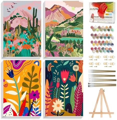JULOUYN 4 Pack Paint by Numbers Kit for Adults Landscape with Framed 8x12in by JULOUYN