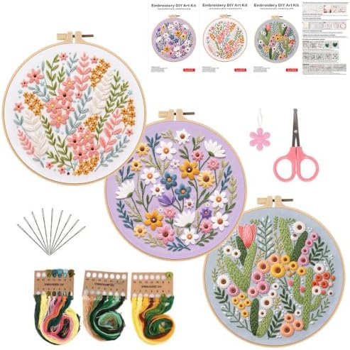 Konrisa Blossoms Embroidery Kit for Adults Beginners, Floral Stamped Embroidery Starter Kit DIY Sewing Practice, Needlepoint Cross Stitch Set of 3 by Konrisa