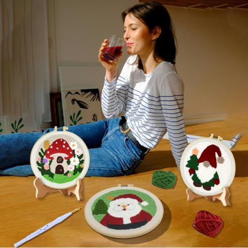 HYINUS DIY Punch Needle Kit for Beginners, All-in-One Embroidery Starter Set for Adults & Teens with Pre-Stamped Fabric, Soft Yarn & Adjustable 7.87IN Hoop for Wall Art & Home Decor Craft (Gnome) - Image 5